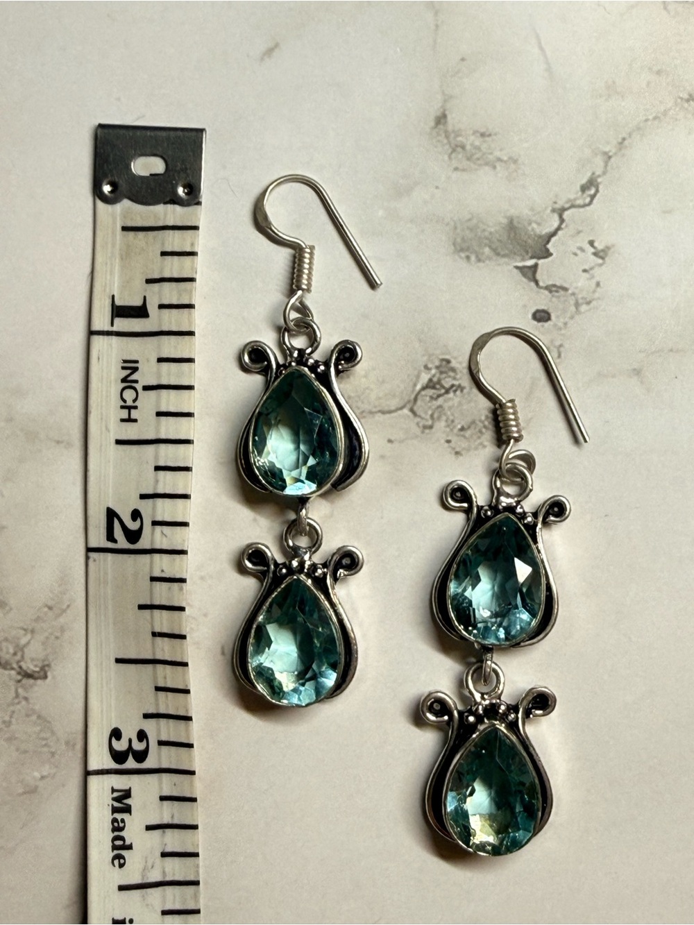 Teardrop Blue Green Topaz Dangle Earrings - Silver
